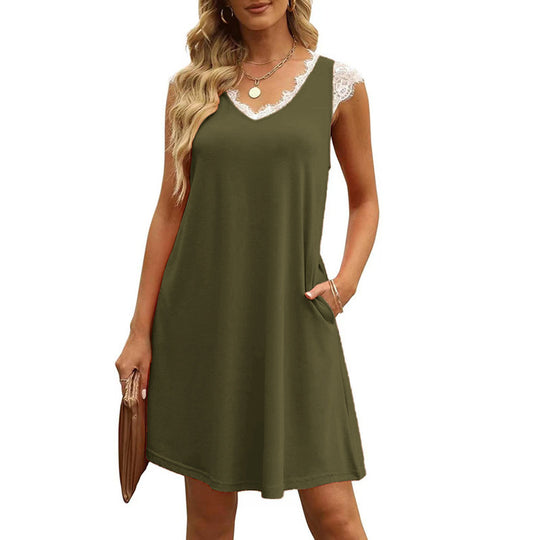 Damen ärmelloses Kleid mit Spitzendetail und seitlichen Taschen R&B