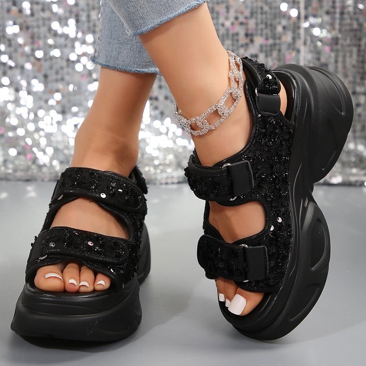 Damen Sneakersandalen mit komfortablem Klettverschluss und glitzernder Oberflächenstruktur R&B