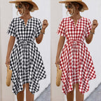 Damen Midikleid mit V-Ausschnitt, tailliertem Kordelzug und karierter Optik R&B