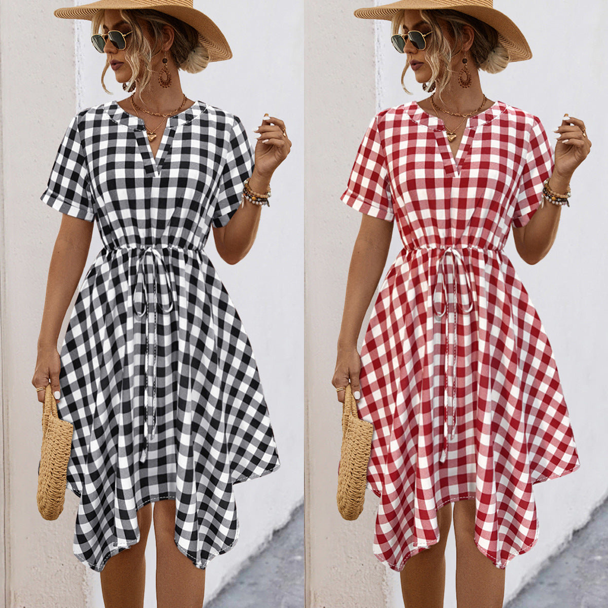Damen Midikleid mit V-Ausschnitt, tailliertem Kordelzug und karierter Optik R&B