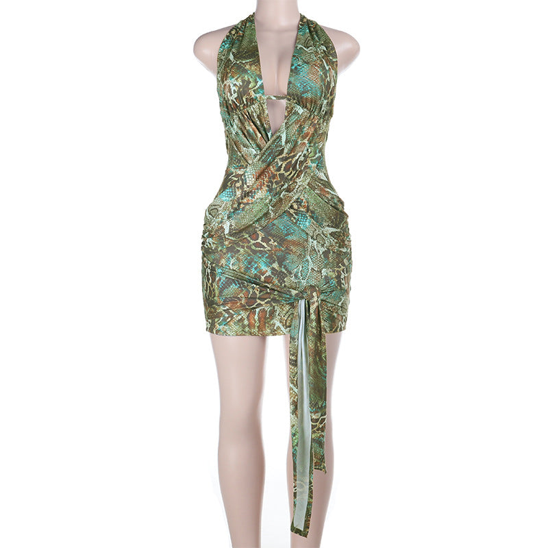 Damen kurzes Wickelkleid mit tiefem Ausschnitt und aufregendem Schlangenmotiv R&B