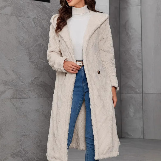 Damen Fluffy Mantel mit Kapuze und Knopfverschluss R&B