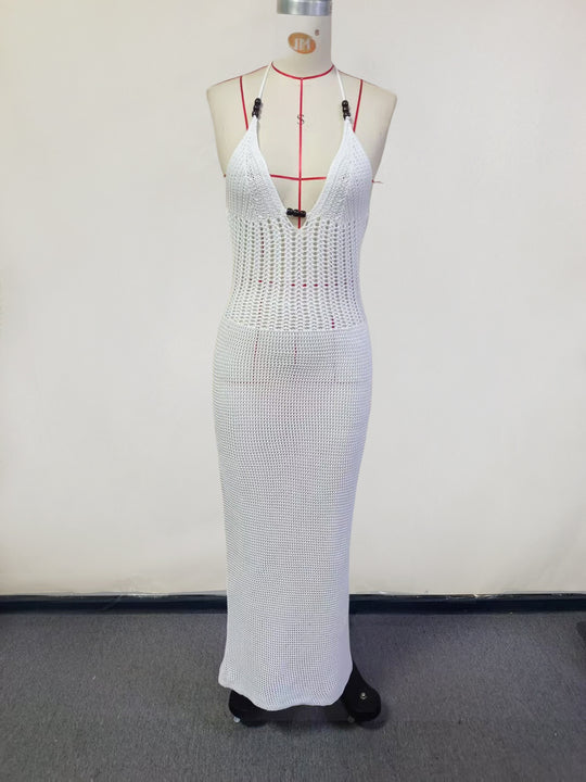 Damen gehäkeltes Strandkleid mit tiefem V-Ausschnitt und herausragenden Details R&B
