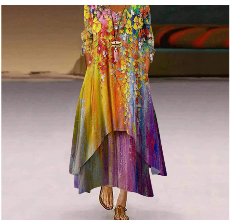 Damen Fließendes Maxikleid mit kunstvollem Blumendruck und asymmetrischem Saum R&B