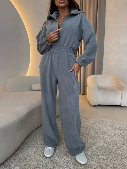 Damen eleganter Jumpsuit mit kurzem Reißverschluss und elastischem Bund R&B