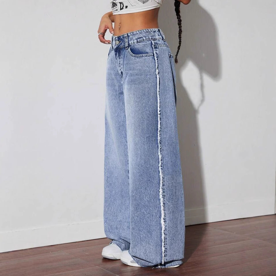 Damen Weite Denim-Jeans mit auffälligem fransigem Saum und hoher Taille R&B