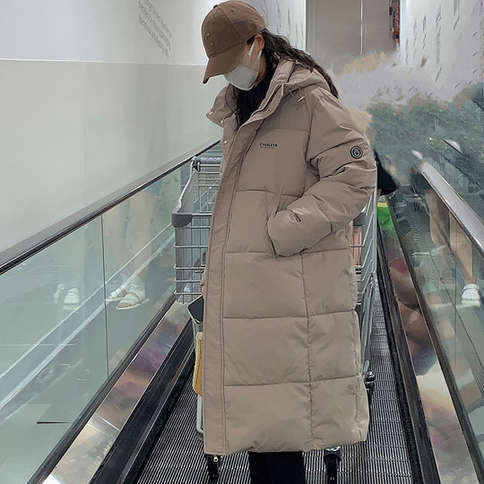 Damen Lange Steppjacke mit Kapuze und hohen Kragen R&B