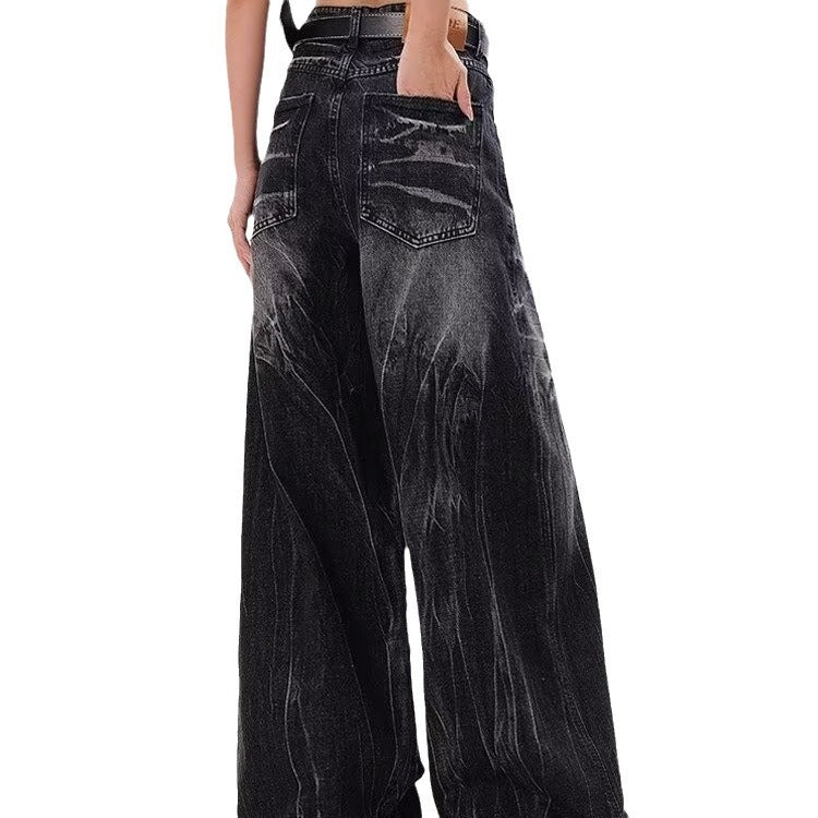 Damen Weite Jeanshose mit modischem Used-Look und hohem Bund R&B