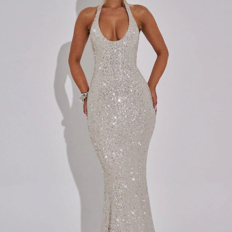 Damen Glamouröses Pailletten Kleid mit tiefem V-Ausschnitt und langem Saum