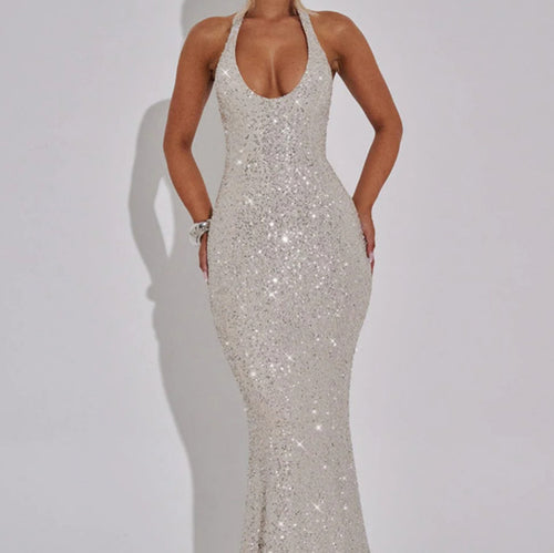 Damen Glamouröses Pailletten Kleid mit tiefem V-Ausschnitt und langem Saum R&B