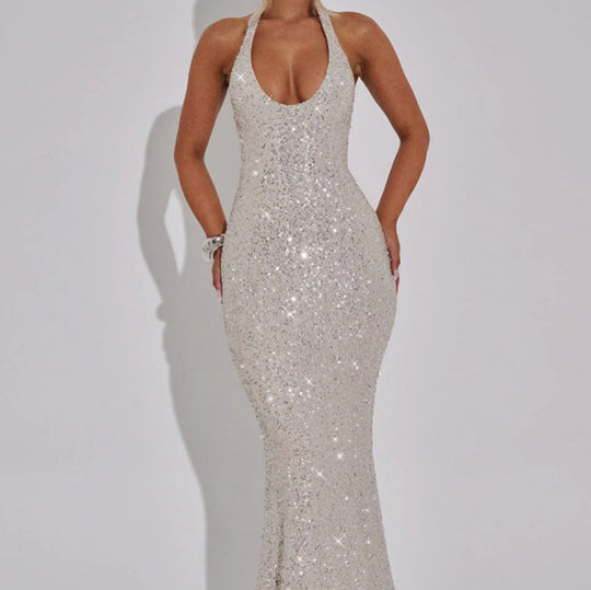 Damen Glamouröses Pailletten-Maxi-Kleid mit tiefem V-Ausschnitt und schmalem Schnitt R&B