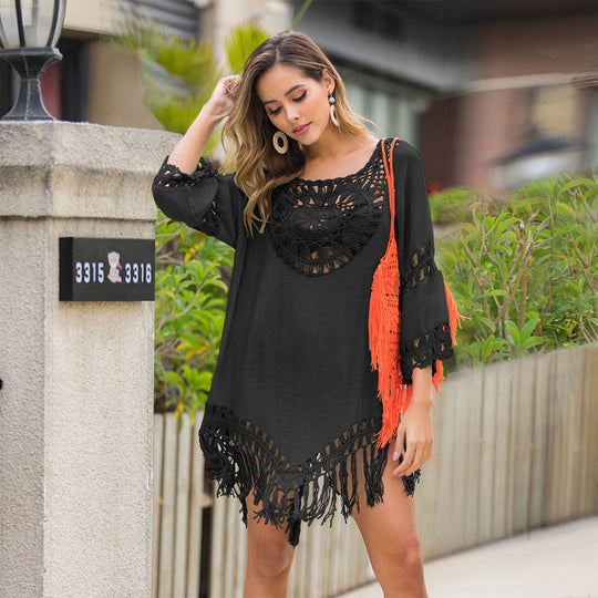 Damen Häkel-Strandtunika mit fransigem Saum und transparentem Design R&B