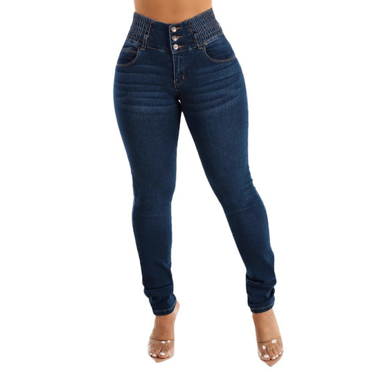 Damen Slim Fit Jeanshose mit elastischem Bund und Knopfverschluss R&B