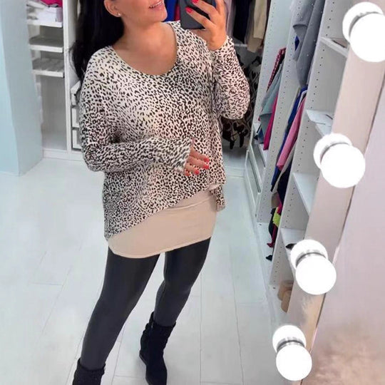 Damen nan weit geschnittenes Tunika-Longsleeve mit Leomuster, abgerundetem Saum und Lagenoptik R&B