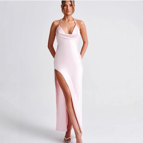 Damen Satin-Maxikleid mit tiefem Schlitz und Halterneck R&B