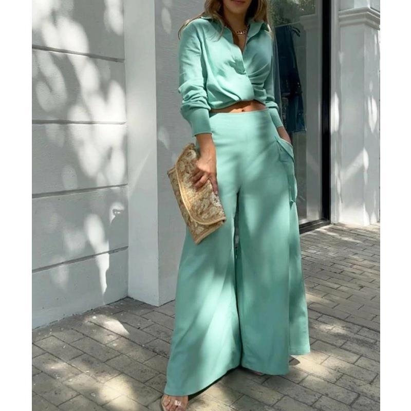 Damen Elegantes und lässiges Zweiteiler-Set mit Crop-Top und weitem Palazzo-Hosen R&B