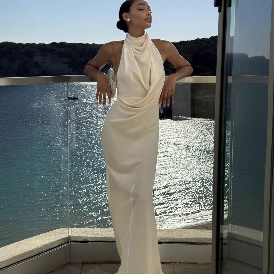 Damen Elegantes Maxi-Kleid mit hochwertigem Drapierungsdesign und schimmerndem Stoff R&B