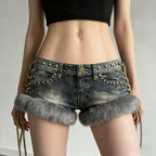 Damen Modische Denim-Shorts mit luxuriösem Kunstfell und Schnürdetails R&B