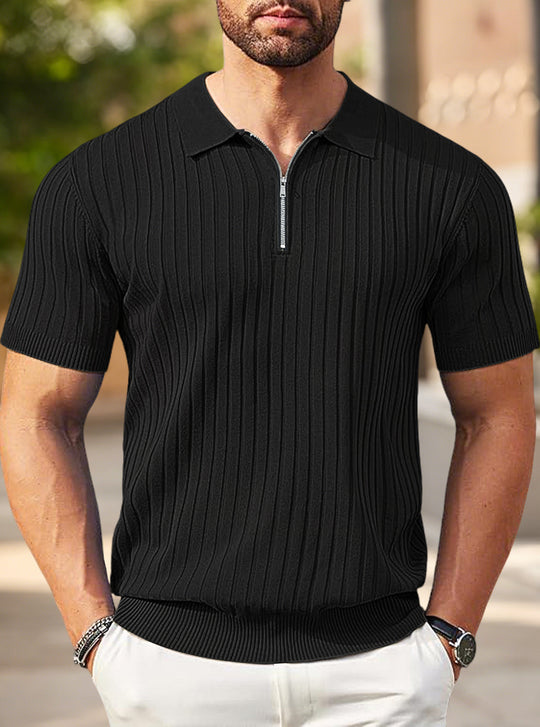 Herren nan elegantes strukturiertes Kurzarm-Strickpolo mit kurzem Metallreißverschluss und Hemdkragen R&B