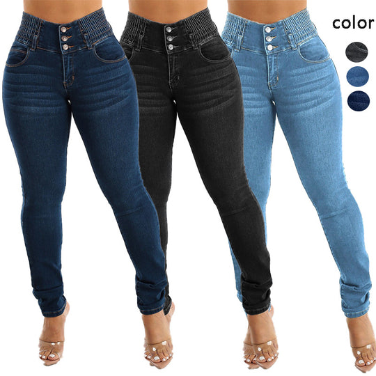 Damen Slim Fit Jeanshose mit elastischem Bund und Knopfverschluss R&B