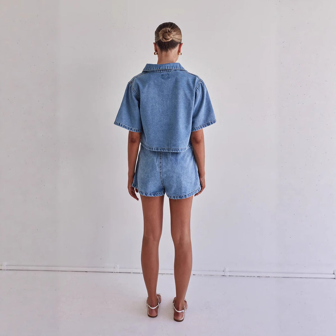 Damen Denim-Kurzjacke mit passendem Rock im lässigen Stil R&B