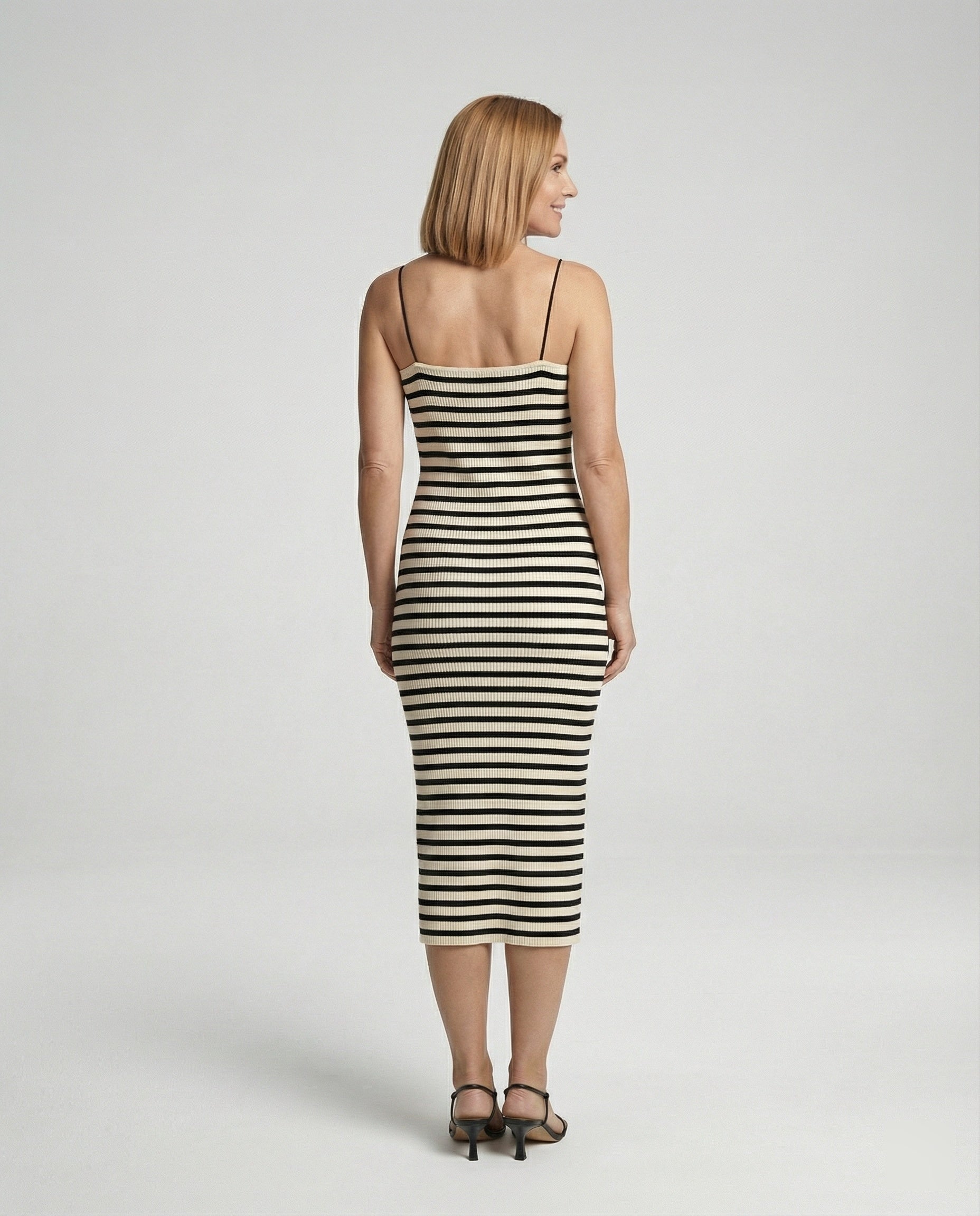 Damen figurbetontes geripptes Maxikleid mit schmalen Spaghettiträgern R&B