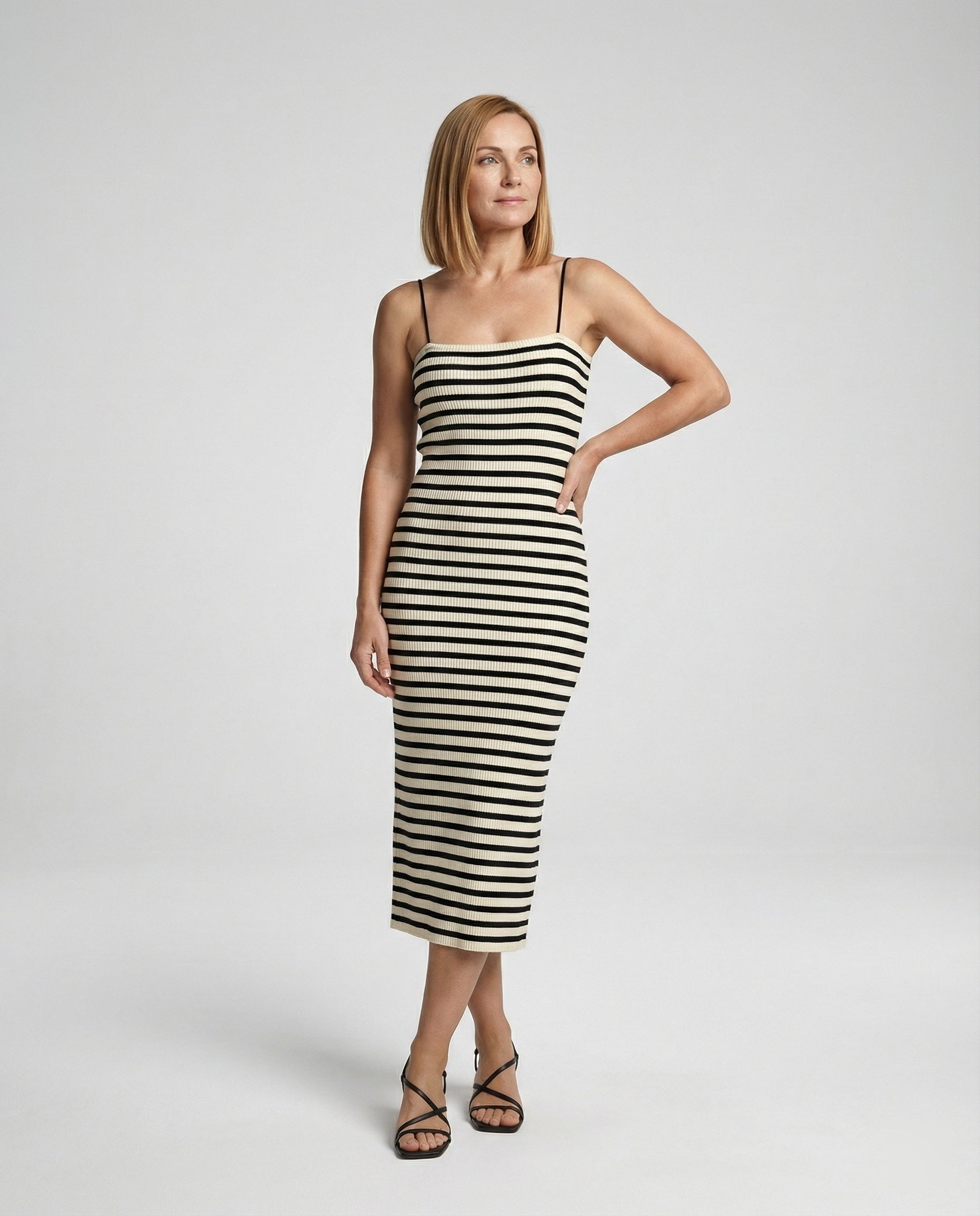 Damen figurbetontes geripptes Maxikleid mit schmalen Spaghettiträgern R&B