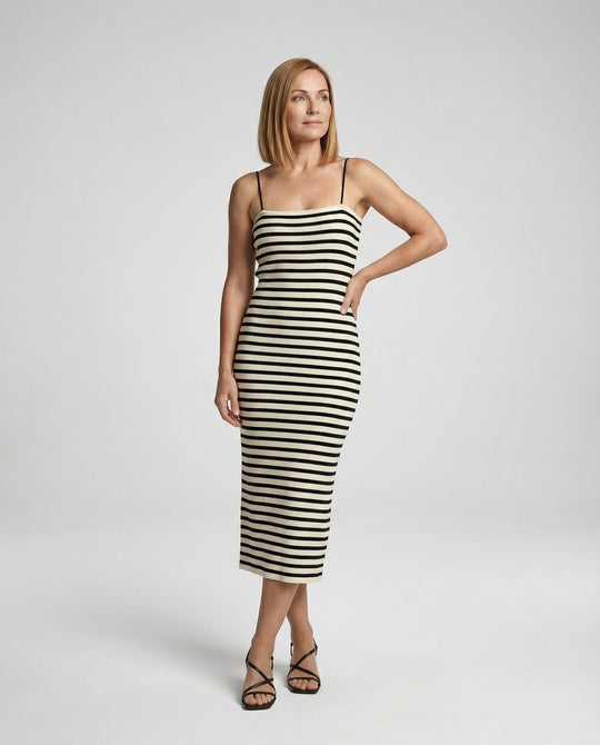 Damen figurbetontes geripptes Maxikleid mit schmalen Spaghettiträgern R&B