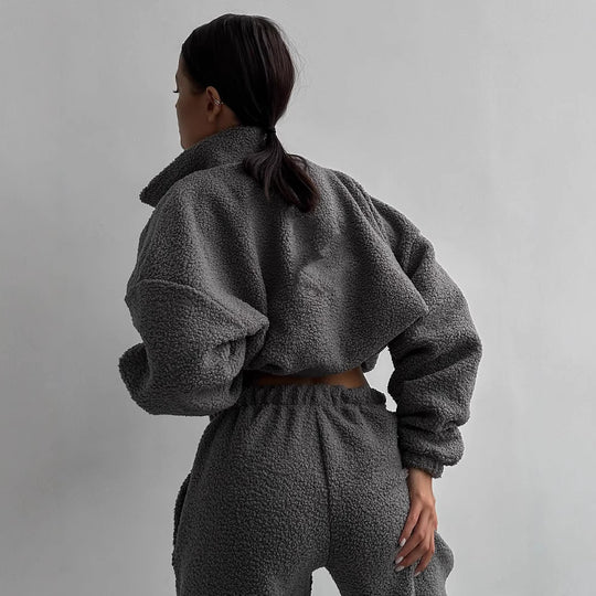 Damen gemütliches Fleece-Jogginganzug-Set mit Kapuze und elastischem Bund R&B