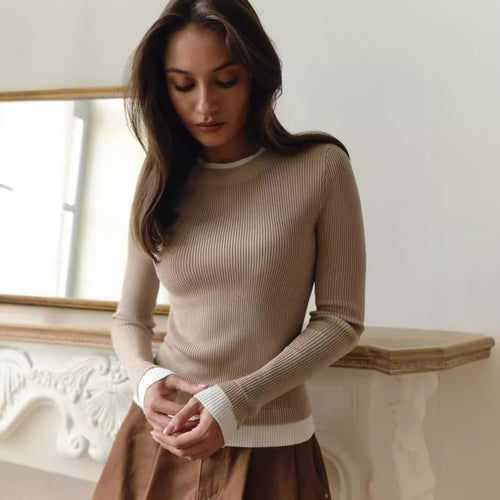 Damen figurbetontes Strickoberteil mit kontrastierenden Bündchen R&B