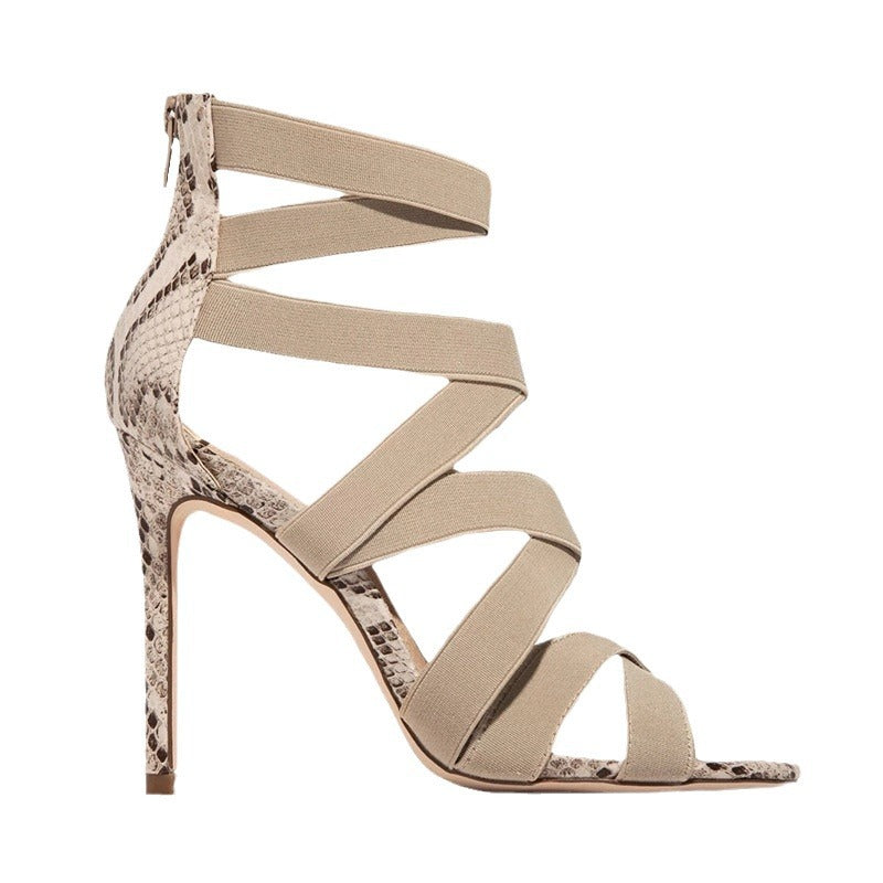 Damen High Heel Sandalen mit elastischen Riemen und stylischem Schlangenleder-Design R&B