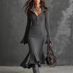 Damen Strickkleid mit elegantem Stehkragen und Reißverschluss R&B