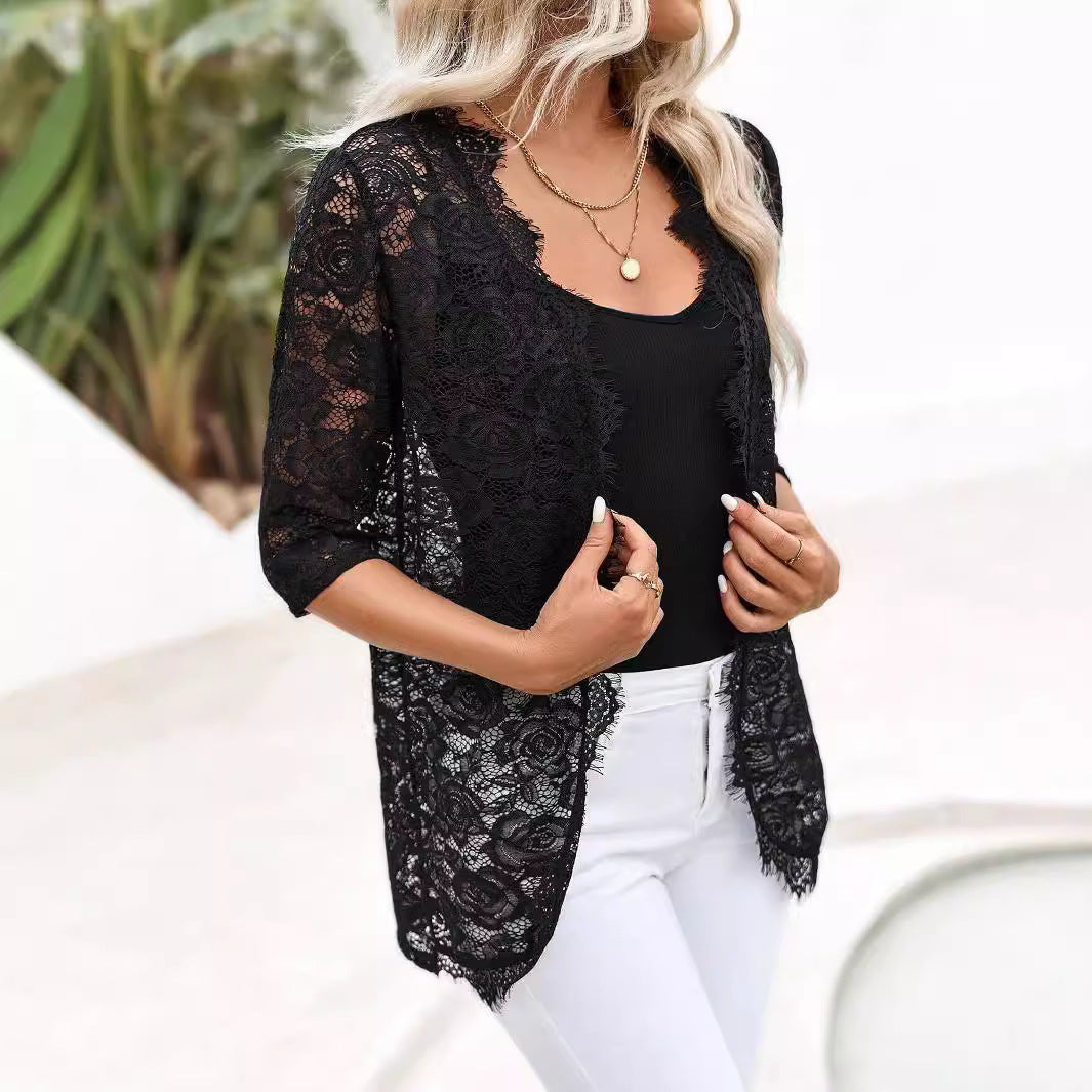 Damen Spitzencardigan mit romantischem Design und langem Arm R&B