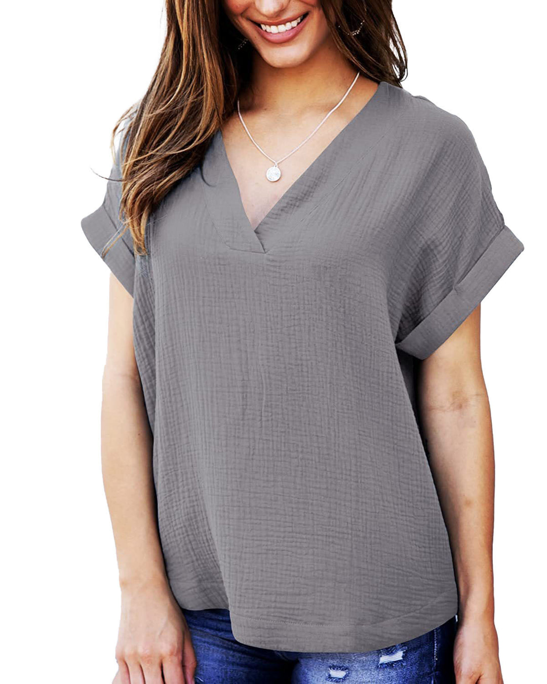 Damen lässiges V-Ausschnitt T-Shirt mit luftiger Passform und umgeschlagenen Ärmeln R&B