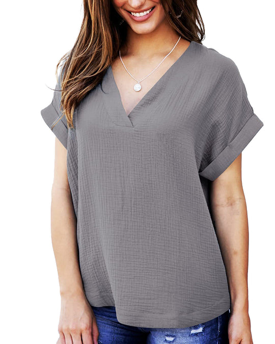 Damen lässiges V-Ausschnitt T-Shirt mit luftiger Passform und umgeschlagenen Ärmeln R&B
