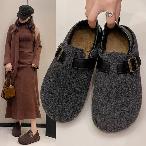 Damen gemütliche Filzpantoletten mit eleganter Schnallenverzierung R&B