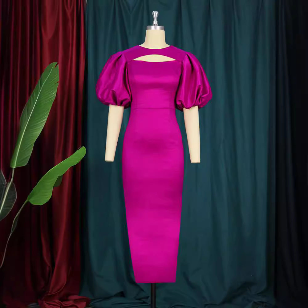 Damen figurbetontes Kleid mit Puffärmeln und Schlüssel-Ausschnitt R&B
