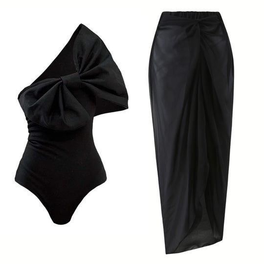 Damen Einschnitt Badeanzug mit voluminösem Schleifen-Detail und elegantem Wickelrock R&B