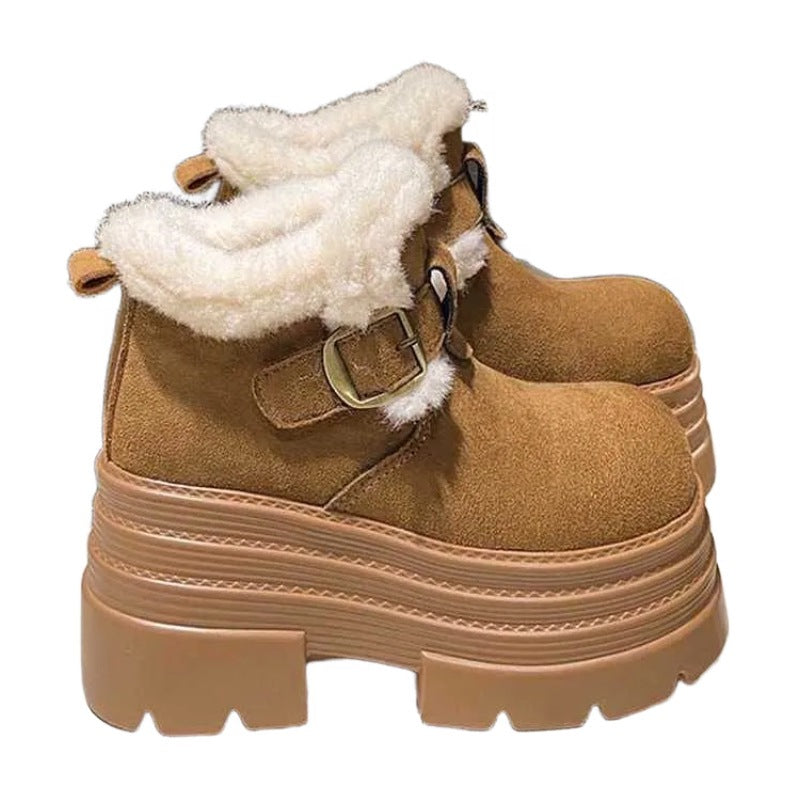 Damen Flauschige Plateau Stiefeletten mit modischer Schnalle R&B