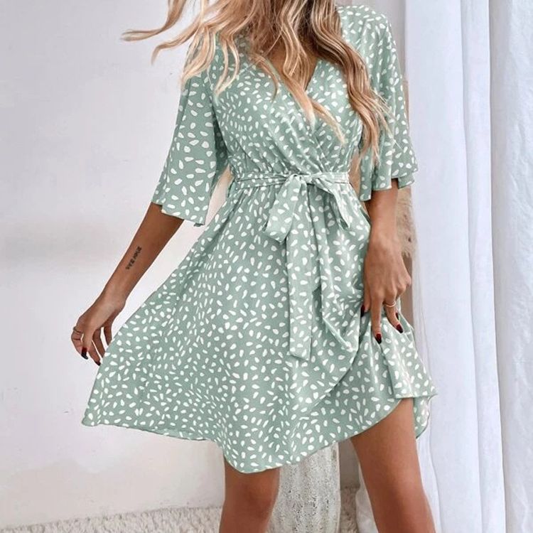 Damen Wickelkleid mit breiten Ärmeln und Taillengürtel R&B