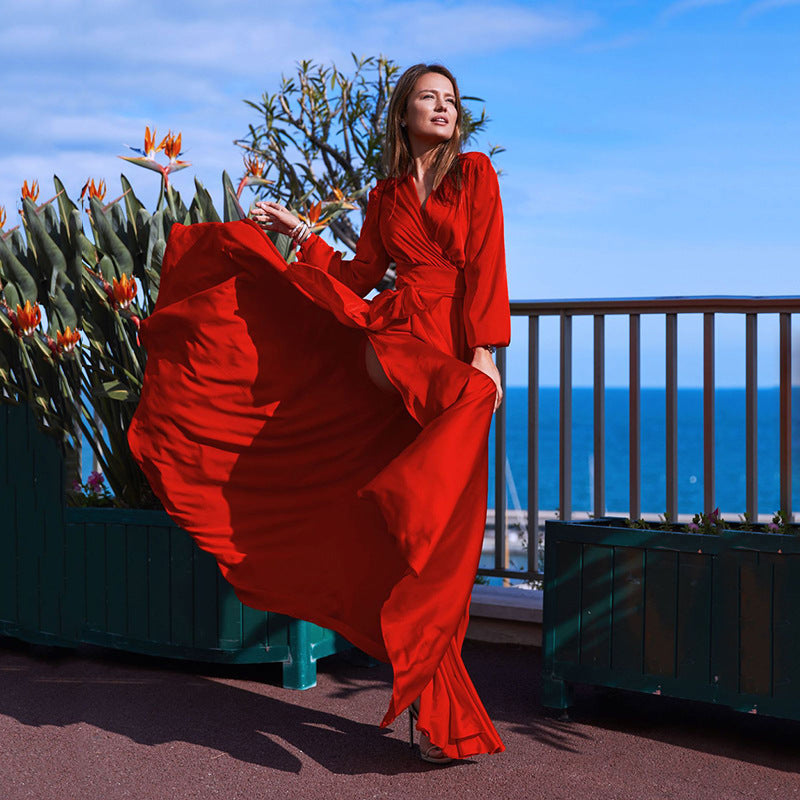 Damen Maxikleid mit tiefem V-Ausschnitt und elegante Seitenöffnung R&B