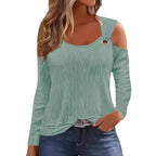 Damen modisches Strickoberteil mit offenem Schulterdesign und dekorativem Ring R&B