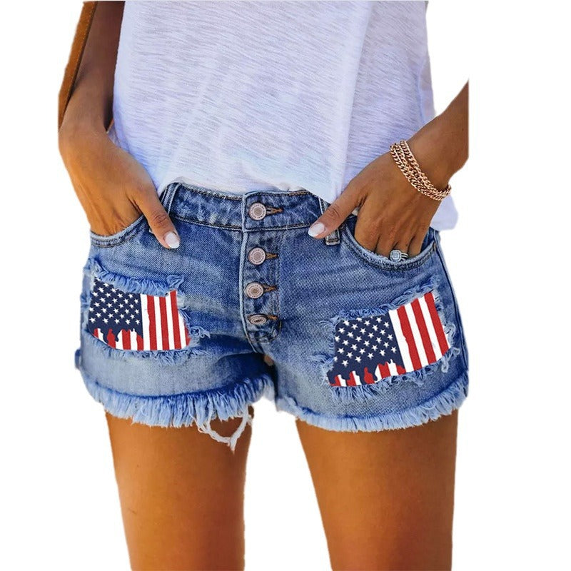Damen Denim-Shorts mit Vintage-Fransen und patriotischen Applikationen R&B