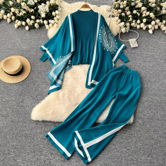 Damen lässiges Strickensemble mit langen Ärmeln und weitem Bein R&B