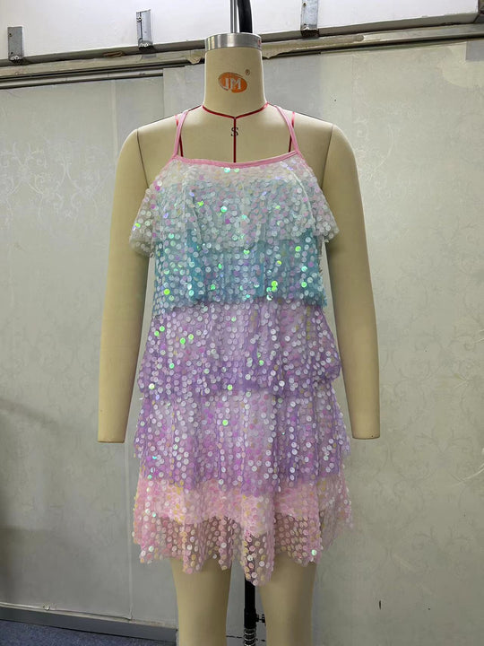 Damen luftiges Sommerkleid mit buntem Paillettenmuster R&B