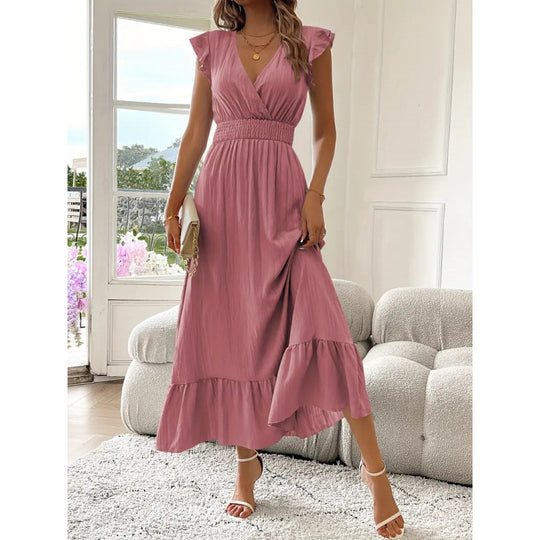Damen Maxikleid mit voluminösen Rüschenärmel und elegantem Bund R&B