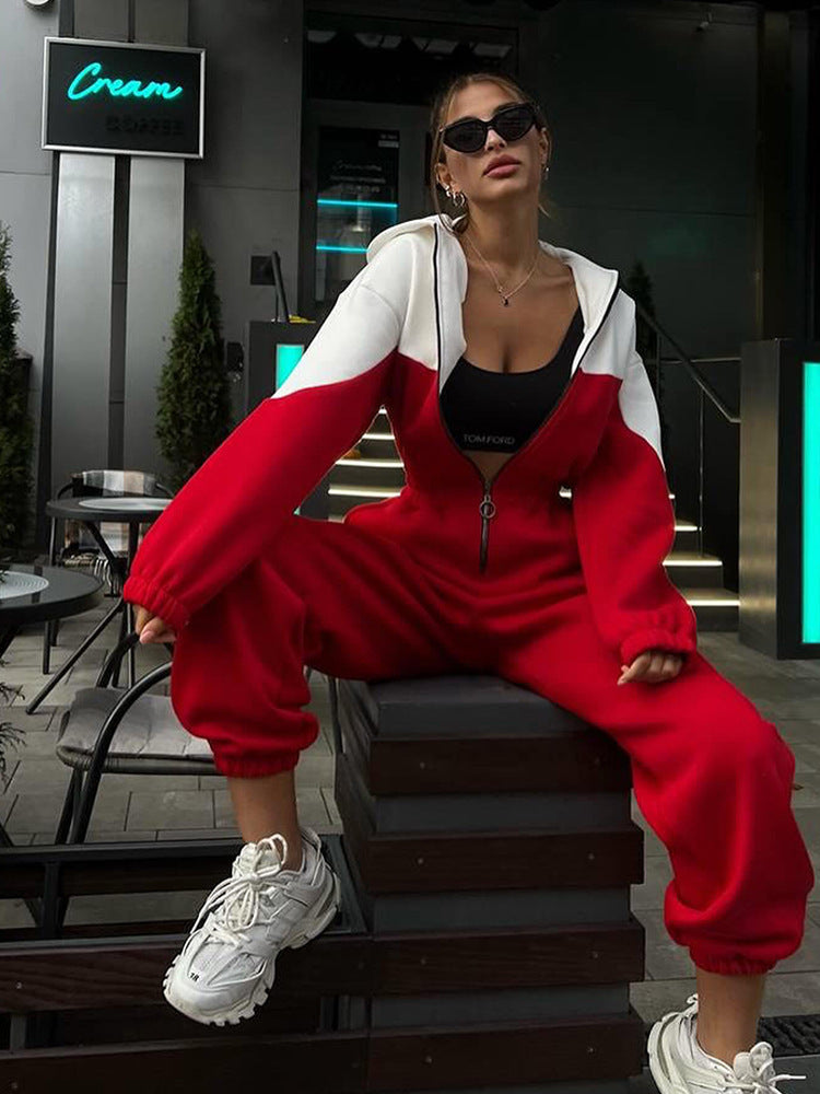 Damen Sportliche Fleecejacke und Hose Set mit Kontrastbesätzen R&B