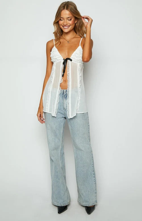 Damen Transparente Spitzenbluse mit Rüschen R&B