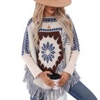 Damen eleganter Strickponcho mit kunstvollem Muster und fransigem Abschluss