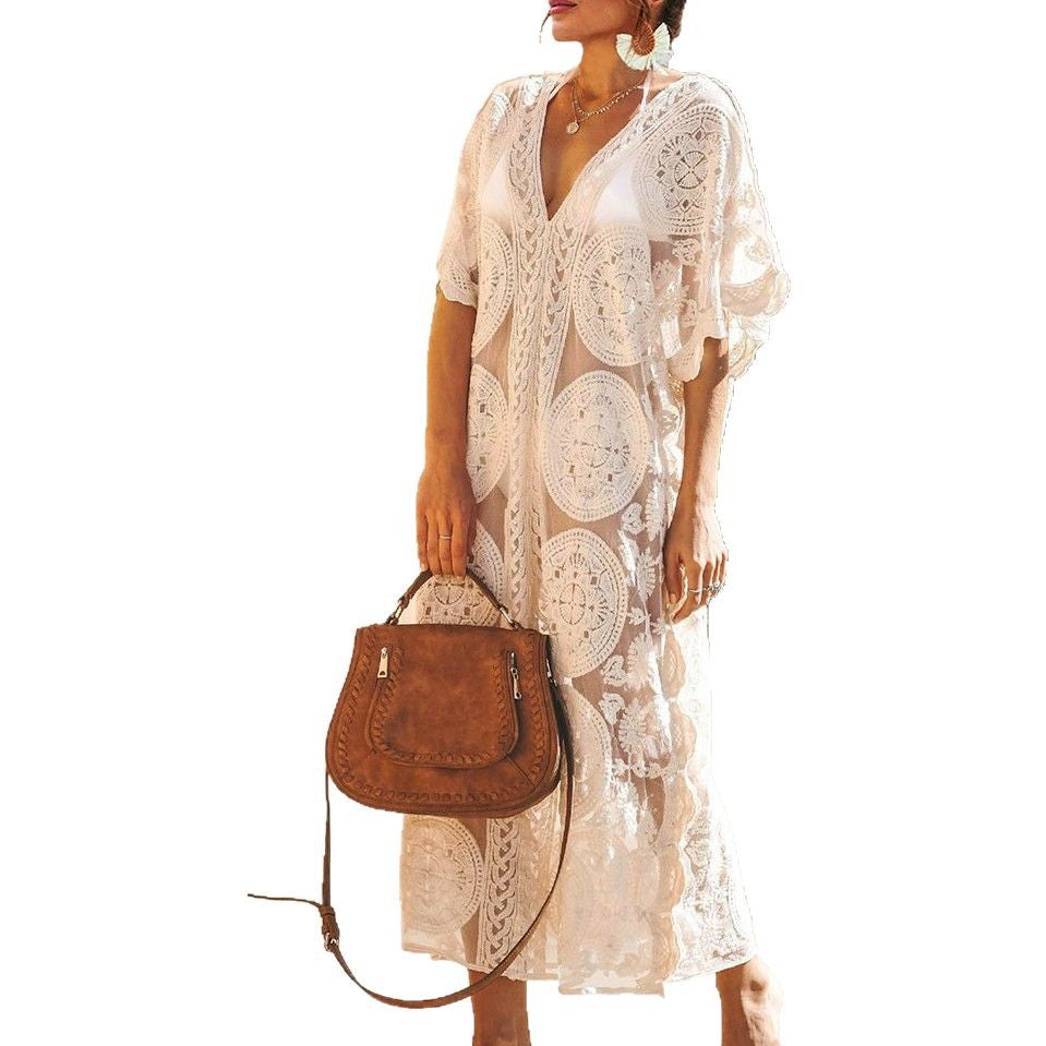 Damen Elegantes Häkel-Strandüberwurfkleid mit voluminösen Ärmeln und V-Ausschnitt R&B